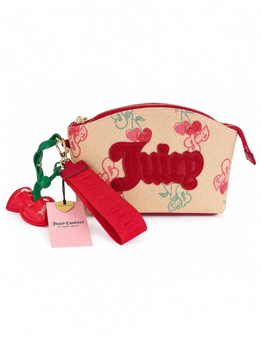 Juicy Couture Cherry Print Woven Wristlet Pouch Heart Charm NWT Y2K Coquette